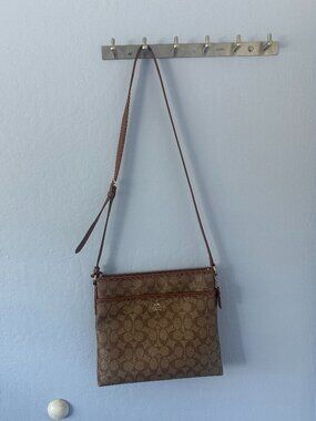 COACH Women's Signature File Messenger CrossBody Bag, Khaki Saddle